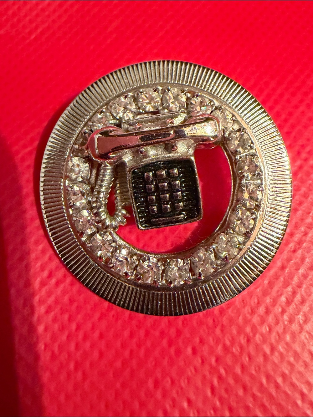 Vintage Silver Tone Clear Rhinestone Rotary Phone Round Brooch Pin 1.75 in Retro